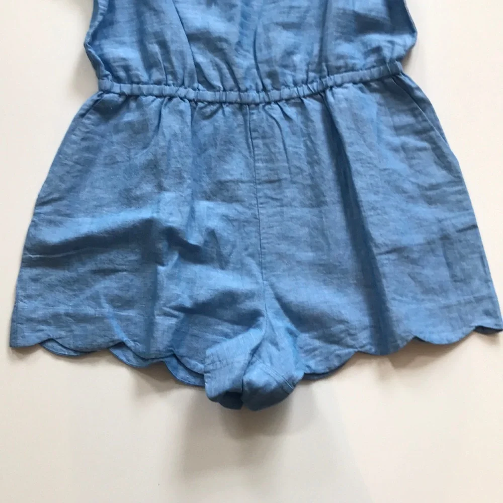 J. Crew Linen Short Sleeve Scallop Trim Scoop Neck Romper Chambray Blue Sz M NWT